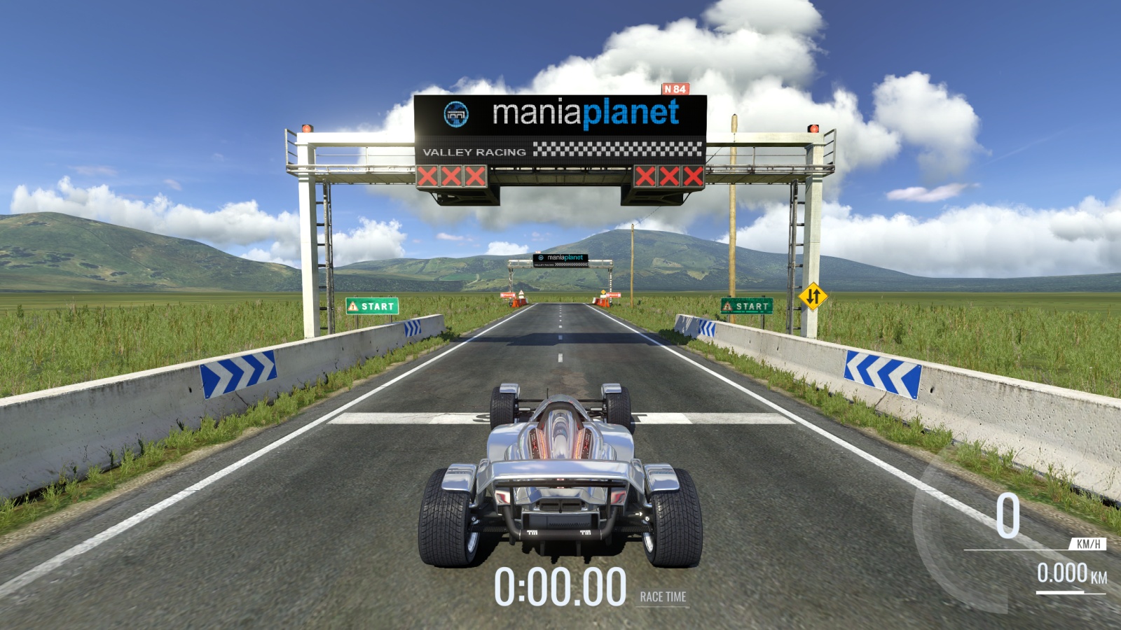 Stadium car on a Valley map played inside Trackmania² Valley.