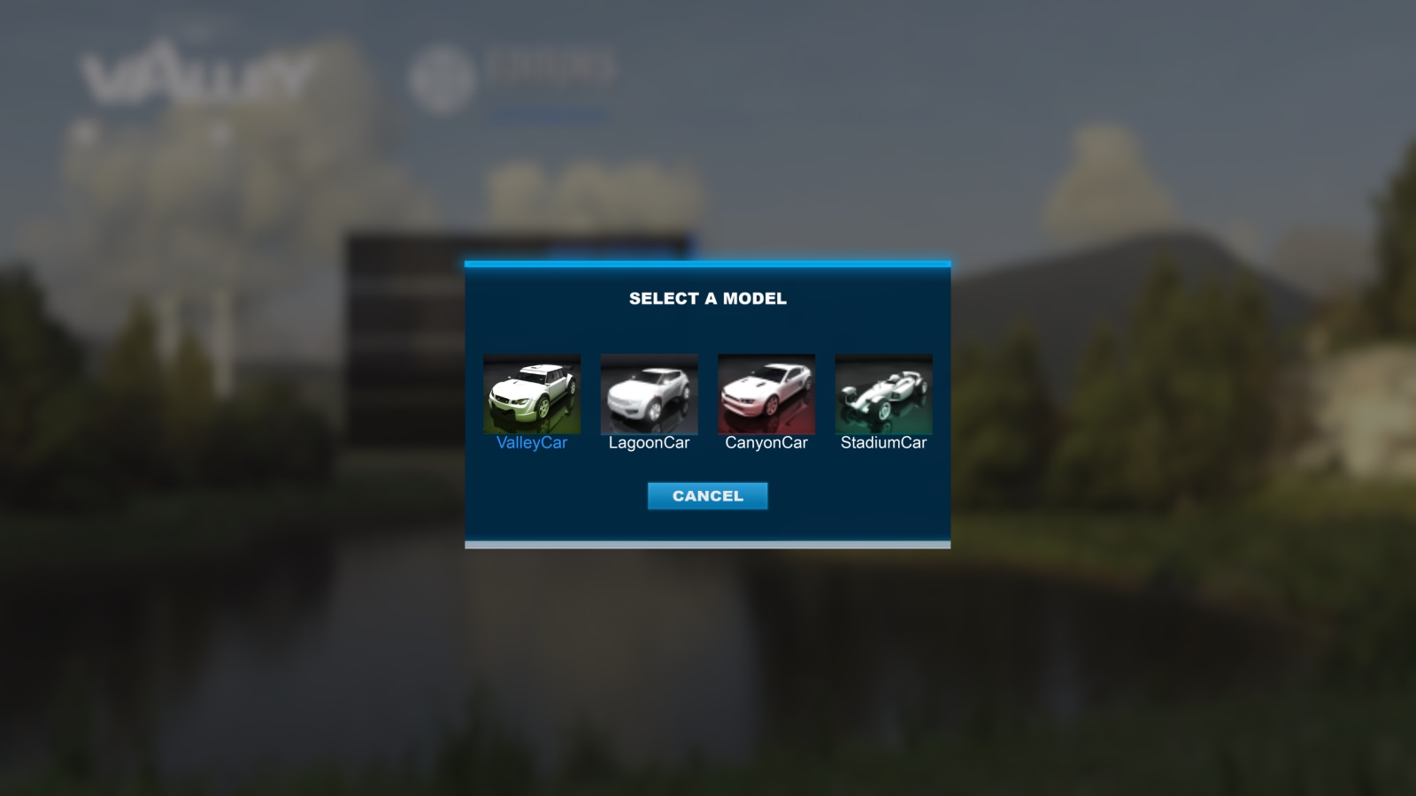 Player model selection visible after Ctrl-clicking an edited map inside Trackmania² Valley.