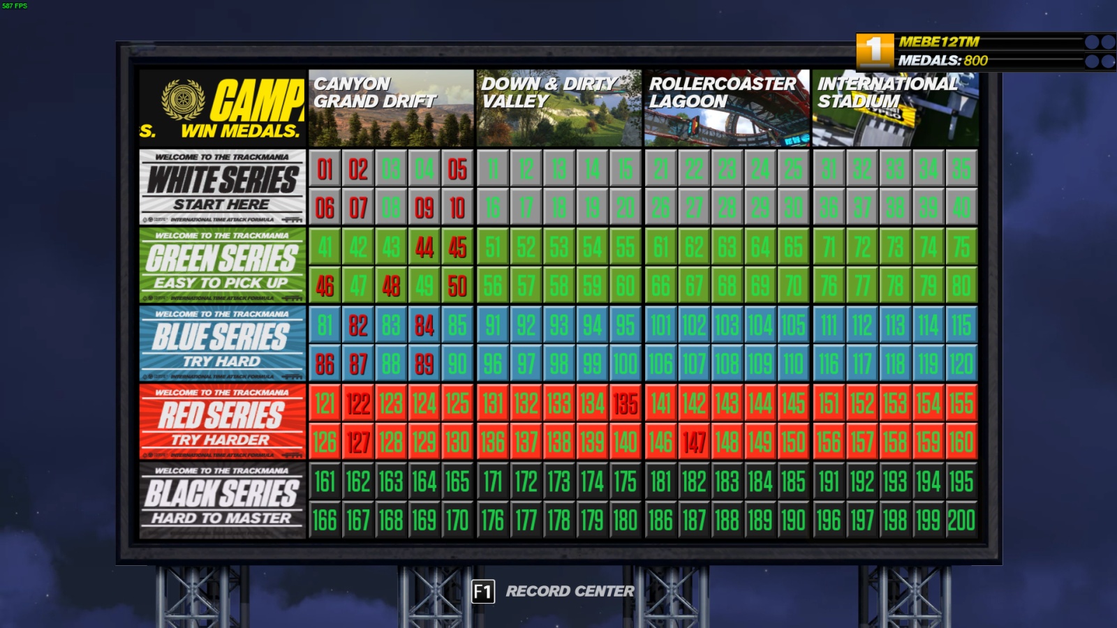 Example of what the solo screen looks like with all medals achieved in Turbo.