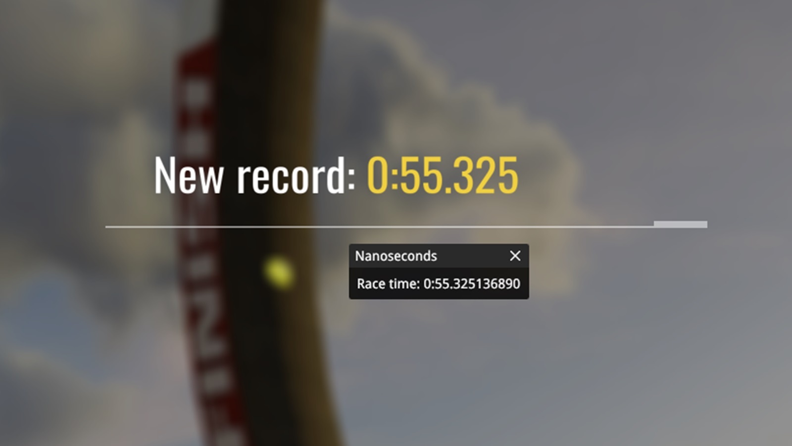 Nanoseconds window displaying the nanosecond-accuracy race time after finishing a race