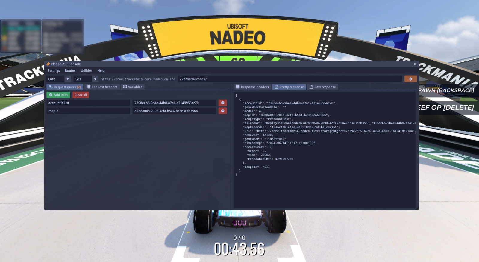 Screenshot of the Nadeo API Console, where the left side of the window has request info, and the right side has the response.