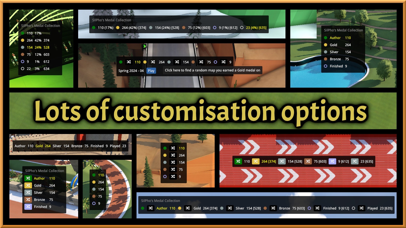 A collage of screenshots showing the plugin set against in-game screenshots. A mix of horizontal and vertical plugin layouts can be seen, each with a different set of columns or statistics shown.