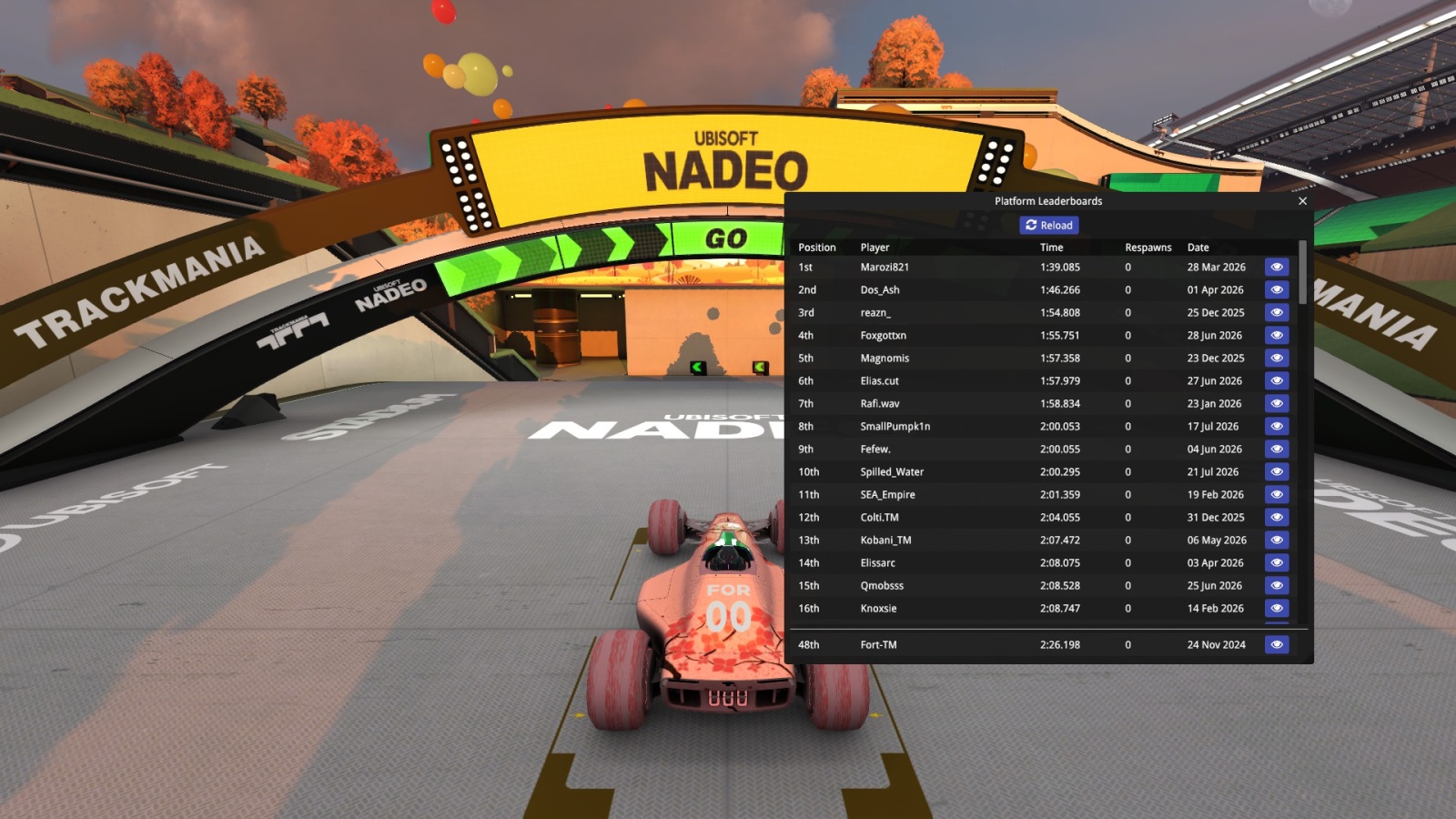 Image showing the leaderboard in a map, including your PB